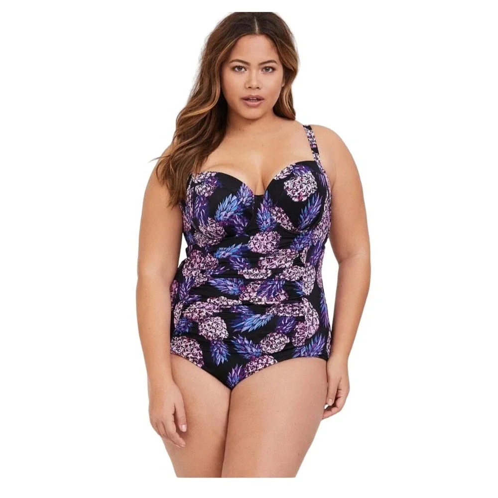 torrid Black One-Piece Swim with Purple Pineapple Print
